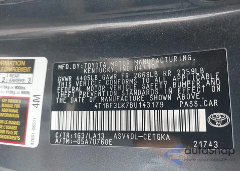 2011 Toyota Camry Xle из США, поврежденный, VIN 4T1BF3EK7BU143179